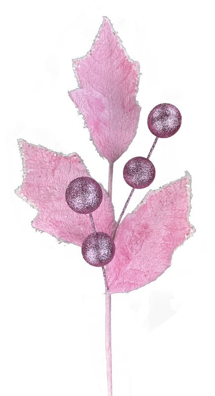 The 28" Pink Holly Leaves Ball Spray (Product Code: 86031PK) boasts a striking and elegant design, featuring three large, textured holly leaves in pink and four glittery, round berries on delicate branches.