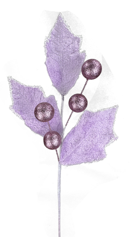 Product Name: 28" Purple Holly Leaves Ball Spray, featuring textured leaves and glittery holly berries on a stem with a transparent background.