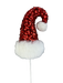 The 20" by 5" Red and White Sequin Santa Hat Spray, model number 86033RDWT, boasts a glittery design adorned with sparkling red and white sequins, edged with fluffy white trim and finished with a pom-pom. It is elegantly mounted on a thin stick.