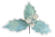 The 14" by 14" Blue Holly Pick (item code: 86056BL) is a decorative piece featuring three metallic leaves with ruffled white edges and three glittery white spheres adorned with colorful dots, reminiscent of holly berries on a brown stem. It is perfect for adding a touch of elegance to any setting.