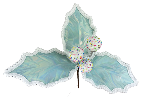 The 14" by 14" Blue Holly Pick (item code: 86056BL) is a decorative piece featuring three metallic leaves with ruffled white edges and three glittery white spheres adorned with colorful dots, reminiscent of holly berries on a brown stem. It is perfect for adding a touch of elegance to any setting.