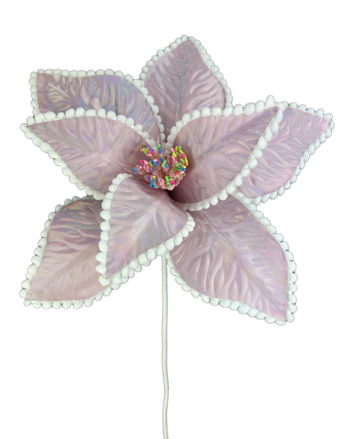 A vibrant 24" by 10" pink iridescent poinsettia, featuring layered petals with a delicate white trim against a black background. The center is adorned with colorful accents resembling small confetti, and the captivating bloom is mounted on a slim white stem. This exquisite piece corresponds to item number 86057PK.