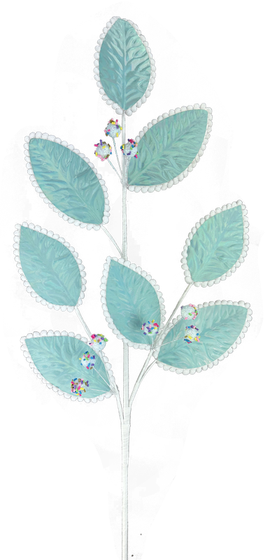 The 28" Blue Iridescent Leave Spray with 8 Stems (86058BL) boasts an elegant white and blue leafy plant design, accentuated by shimmering iridescent leaves and striking blue stems.