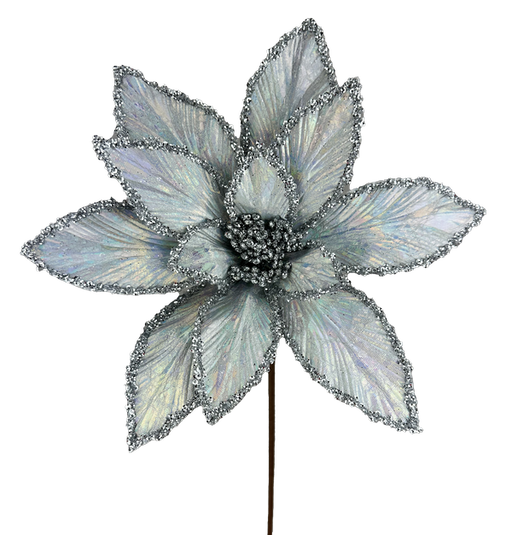 The 24 by 12 Silver Iridescent Stem 86070SV features shimmering poinsettia petals with glittered edges, adding a festive and elegant touch.