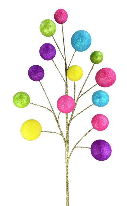 The 28 Multi Ball Spray 86106MULTI features golden stems with colorful pink, blue, yellow, green, and purple balls—arranged like abstract leaves or fruit—making a vibrant decorative accent against a black background.