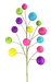 The 28 Multi Ball Spray 86106MULTI features golden stems with colorful pink, blue, yellow, green, and purple balls—arranged like abstract leaves or fruit—making a vibrant decorative accent against a black background.