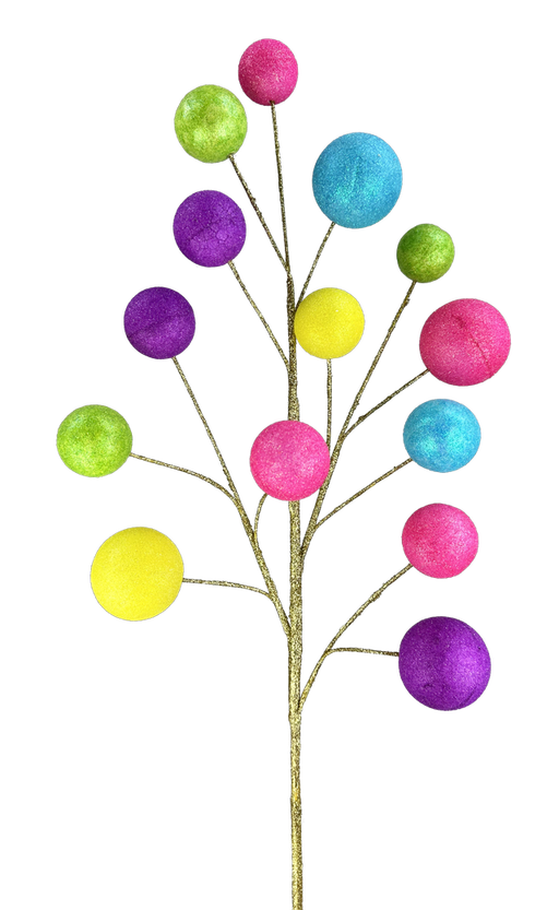 The 28 Multi Ball Spray 86106MULTI features golden stems with colorful pink, blue, yellow, green, and purple balls—arranged like abstract leaves or fruit—making a vibrant decorative accent against a black background.