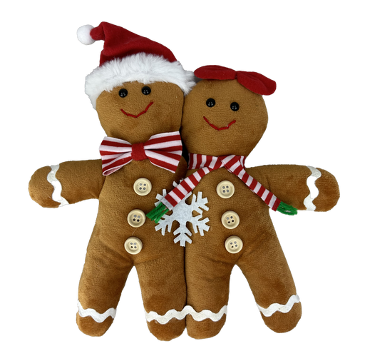 The 13 x 11 x 1 Brown Plush Gingerbread Pair Ornament (86129BN) features two smiling gingerbread figures with festive red and white accessories, decorated with buttons and a snowflake.
