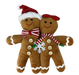 The 13 x 11 x 1 Brown Plush Gingerbread Pair Ornament (86129BN) features two smiling gingerbread figures with festive red and white accessories, decorated with buttons and a snowflake.