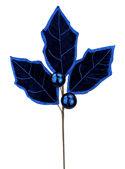The 30 Blue Holly Lvs Spray with 3 Stems (86264BL) features dark blue velvet-textured leaves and two shiny blue ornaments on artificial stems, perfect for decorative displays.