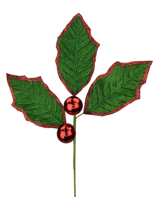 The 30 Emerald Green Holly Leaves Spray with 3 Stems (86264EMGNRD) features red-glittered edges, shiny red berries, and a slender stem, displayed against a transparent background.