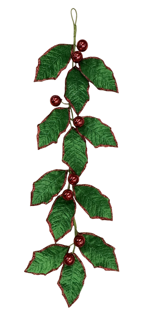 The 5 Emerald Green Holly Leaves Garland 86265EMGNRD features emerald leaves, shiny red berry clusters, and red glitter accents for a textured, festive holiday decoration.