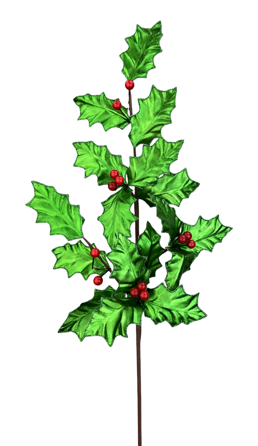 The 30 Green Metallic Holly Leaves Berry Spray with 17 Stems (86328GN) features glossy green spiky metallic leaves and clusters of bright red berries on brown stems, shown isolated on a transparent background.