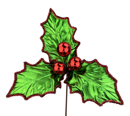 The 16 x 12 Red and Green Metallic Holly Pick (86333RDGN) features three shiny red holly berries, three green holly leaves with red glitter edges, and vibrant red-green accents on a thin brown stem—perfect for festive décor.
