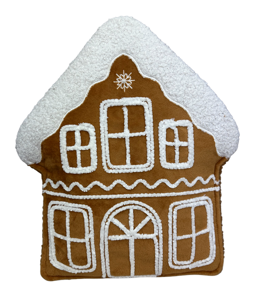 The H14xW12.5xD2 Brown and White Plush Gingerbread House (model 86363BNWT) features a cozy cottage shape with white icing patterns for windows, doors, and a snowy roof.