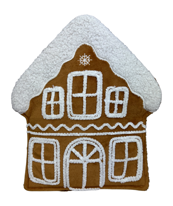 The H12xW11xD2 Brown and White Plush Gingerbread House 86364BNWT pillow features icing-like trim, windows, a door, and a snowy roof—making it perfect for festive décor.