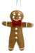 The 13 x 10 x 3 Brown Plush Gingerbread Man (86365BOY) features white icing details, a smiling face, three buttons, and a red bow tie, and hangs from a white ribbon.