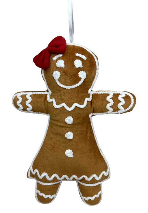 The 13 x 10 x 3 Brown Plush Gingerbread Man (86365GIRL) ornament features white icing details, a red bow, a white hanging ribbon, a sweet smile, and wears a dress.
