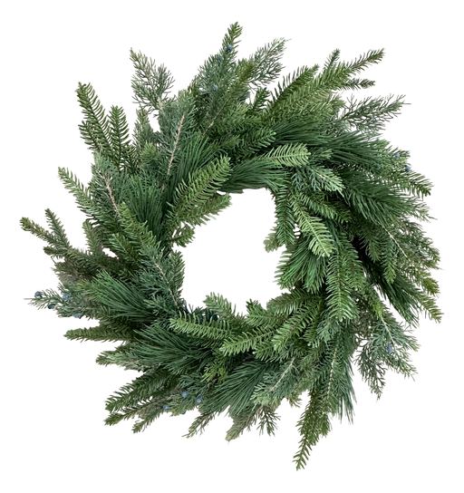 The DIA24x54Tips Green Belgium Pine Wreath 86375WR24 features dense, needle-like pine branches in a classic circular design, creating a fresh festive look against any plain white background.