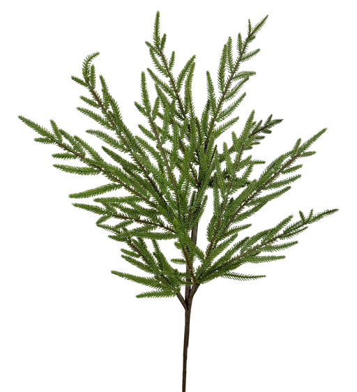 The 30 Green Fir Spray 86384GN features thin, needle-like leaves that fan out in multiple directions, presented on a transparent background.