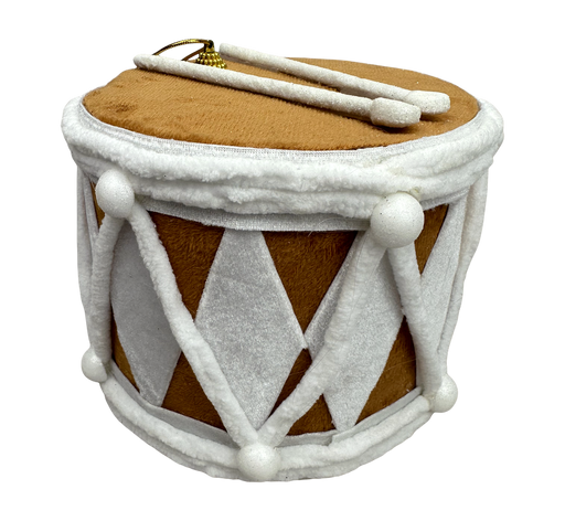 The H6xDIA6.5 Brown Gingerbread Drum Ornament 86446BN features a brown body with white diamond accents and trim, plus two plush drumsticks—making it a charming and whimsical Christmas decoration.