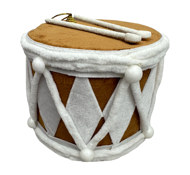 The H6xDIA6.5 Brown Gingerbread Drum Ornament 86446BN features a brown body with white diamond accents and trim, plus two plush drumsticks—making it a charming and whimsical Christmas decoration.