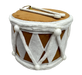 The H6xDIA6.5 Brown Gingerbread Drum Ornament 86446BN features a brown body with white diamond accents and trim, plus two plush drumsticks—making it a charming and whimsical Christmas decoration.