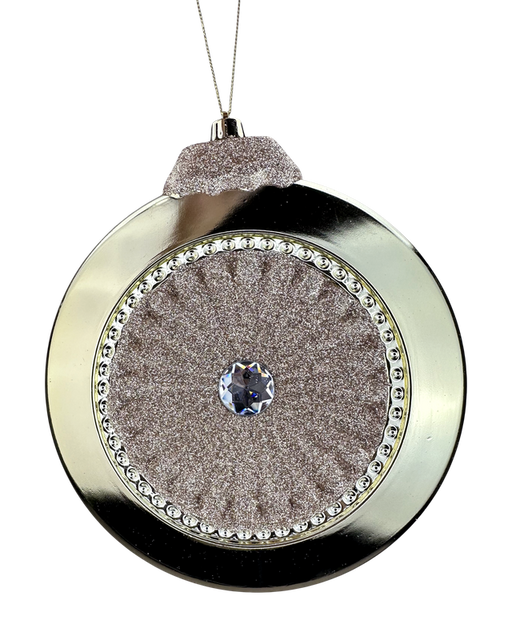 The 8 x 7.5 Champagne Glitter Metallic Flat Ornament (86542CH) features a round, glittery textured center with a jeweled middle, bordered by small rhinestones and suspended by a thin string.