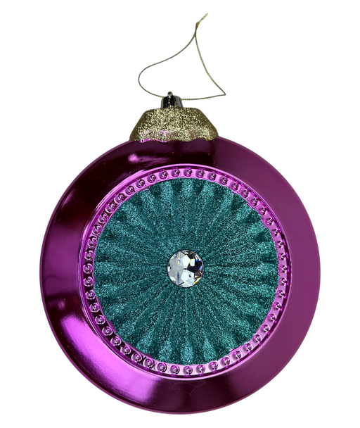 The 8 x 7.5 Pink and Midnight Glitter Metallic Flat Ornament (86542PKMI) features a shiny pink border, glittery gold top, teal textured center, clear gem accent, and hangs elegantly by a metallic string.