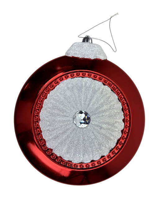 The 8 x 7.5 Red and White Glitter Metallic Flat Ornament (86542RDWT) features a round, red and white design with a dusted white top, textured center, sparkling gem, silver hanging wire, and metallic sparkle finish.