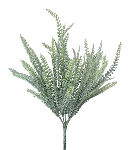 The 20 Plastic Lvs Bush with 7 Stems 86615ICE features green, fern-like leaves with small leaflets spread in various directions, shown against a plain white background.