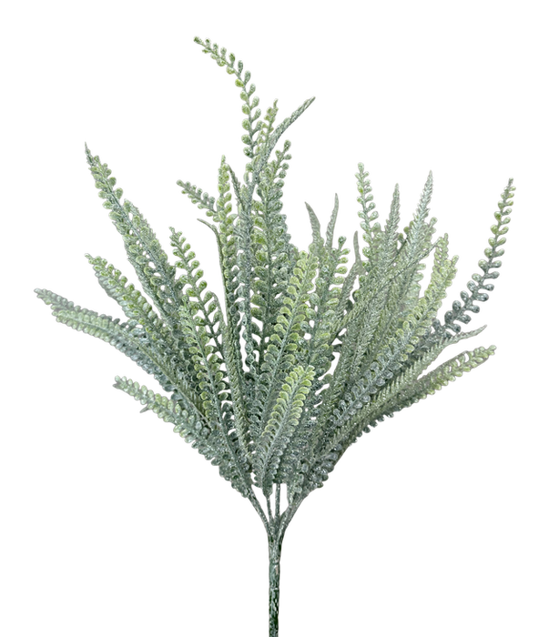 The 20 Plastic Lvs Bush with 7 Stems 86615ICE features green, fern-like leaves with small leaflets spread in various directions, shown against a plain white background.