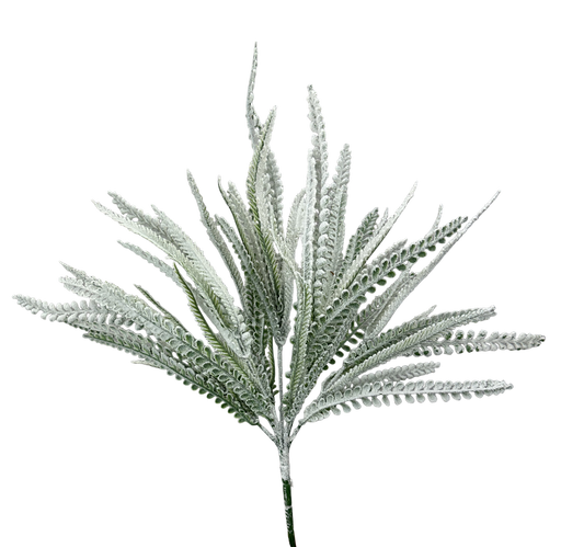 The 20 White Plastic Lvs Bush with 7 Stems (86616SNOW) features frosted, long, narrow leaves resembling fern fronds in a fan-like display—ideal for decor and photographed on a transparent background.