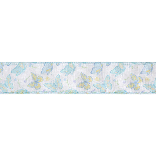 The 1.5 White and Blue Butterflies Ribbon features a pattern of blue and yellow butterflies on a light background, with soft blue wired edges.