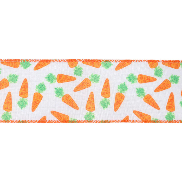The 2.5 White with Orange Carrots Ribbon (9409W-029-63E) showcases a vibrant pattern of orange carrots with green tops on a crisp white background, accented by zigzag orange trim.