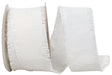 A spool of the 1.5 by 10 Yard White Silk Fringe Dupioni (94131-030-09f) is partially unrolled, with one end curling over. This ribbon features a textured silk look on a white backdrop.