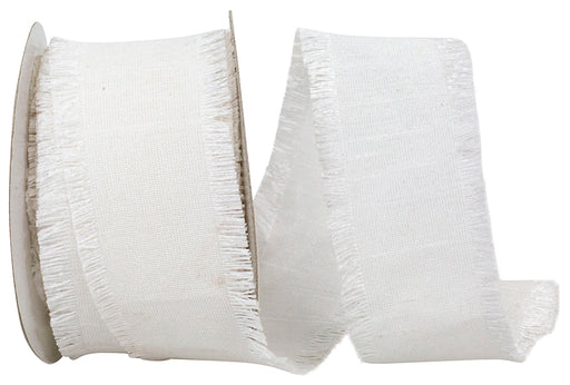 A spool of the 1.5 by 10 Yard White Silk Fringe Dupioni (94131-030-09f) is partially unrolled, with one end curling over. This ribbon features a textured silk look on a white backdrop.