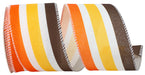 The 2.5 by 10 Yard Multi Stripe Retro Linen Wired Edge Ribbon features coiled linen with alternating wide stripes in brown, yellow, orange, and white. It has a textured fabric appearance with expertly stitched edges for a classic yet vibrant style.