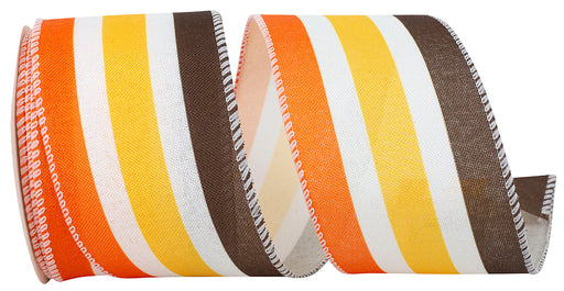 The 2.5 by 10 Yard Multi Stripe Retro Linen Wired Edge Ribbon features coiled linen with alternating wide stripes in brown, yellow, orange, and white. It has a textured fabric appearance with expertly stitched edges for a classic yet vibrant style.
