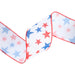 The 2.5 White with Red and Blue Stars Wired Ribbon (9500W-029-63E) features red and blue stars on a white backdrop, accented with a red-edged wave pattern for an elegant decorative touch.
