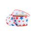 The 2.5 White with Red and Blue Stars Wired Ribbon (9500W-029-63E) features a patriotic design with red and blue stars on white, accented by red edges.