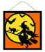 The 10Sq MDF Witch Flying Sign (AP7305) features a witch and her cat flying before a yellow moon, with three bats nearby, framed by a dotted black border in orange, yellow, black, and white.