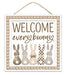 The 10SQ Welcome Every Bunny Sign (AP737882) features five patterned bunny silhouettes in neutral tones, each adorned with a bow. Playful script greets you, and a wooden bead border completes this charming MDF decor piece for your home.