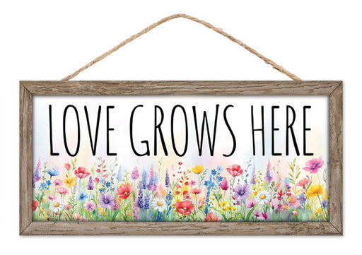 The 12.5L x 6H Love Grows Here sign, AP7386, features a rustic MDF design with rope hanging and vibrant floral illustrations of poppies and daisies, making it a lively addition to any home decor.
