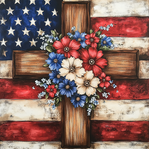 The 10 x 10 American Flag Cross Sign TTE-183 features a wooden cross embellished with red, white, and blue flowers on an American flag backdrop, with stars prominently in the top left and stripes elegantly framing the design.