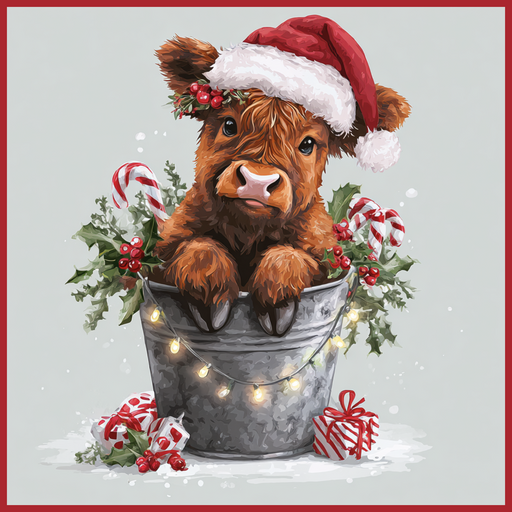 A cute brown calf in a Santa hat sits in a metal bucket with holly, candy canes, and lights, surrounded by gifts and snow—ideal for festive decor with the 10 x 10 Baby Highland Cow Christmas Sign TTE-322.