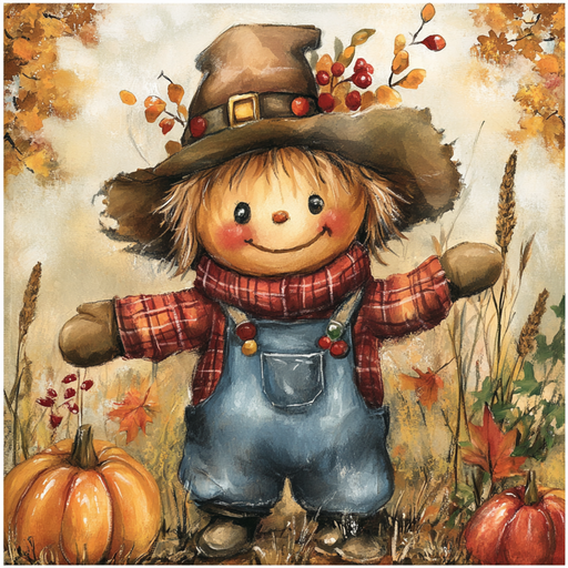 A Baby Scarecrow Sign TTE-092 features a cheerful scarecrow in a wide-brimmed hat, plaid shirt, and denim overalls. Set in an autumn field with pumpkins and colorful leaves, it embodies the friendly spirit of fall.