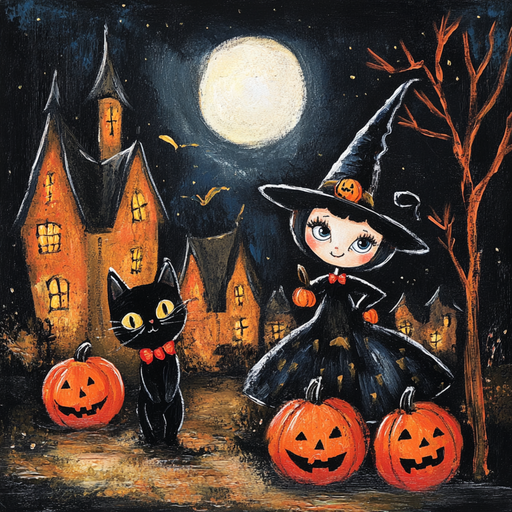 The 10 x 10 Vintage Black Cat & Girl Witch Sign (TTE-306) features a charming witch girl with a black cat, jack-o-lanterns, and a glowing full moon against spooky houses and bare trees in the background.
