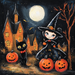 The 10 x 10 Vintage Black Cat & Girl Witch Sign (TTE-306) features a charming witch girl with a black cat, jack-o-lanterns, and a glowing full moon against spooky houses and bare trees in the background.