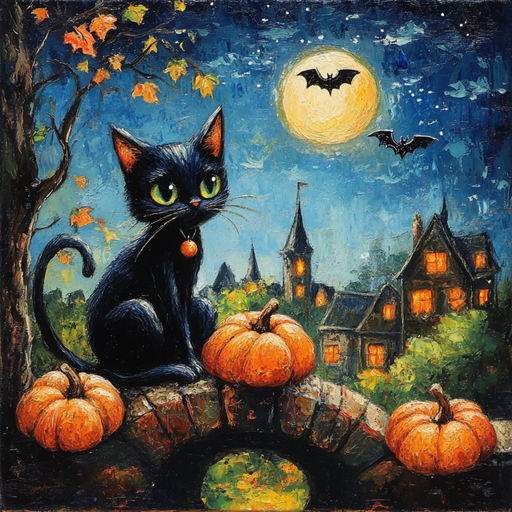 The 10 x 10 Black Cat & Haunted House Sign (TTE-305) features a green-eyed black cat on a stone bridge with pumpkins, a full moon, flying bats, and a haunted house amid glowing village windows and autumn trees.